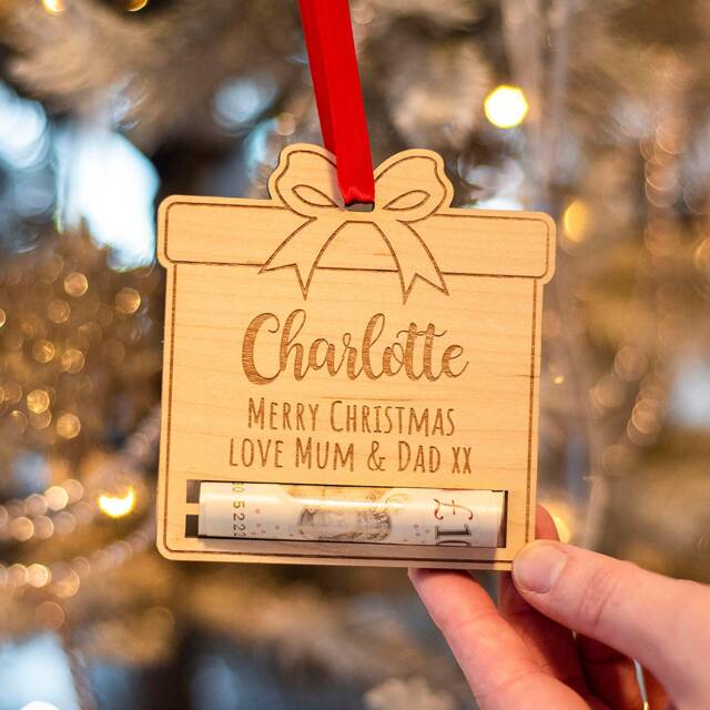 Personalised Present Money Holder Christmas Tree Decoration Bauble - image 1
