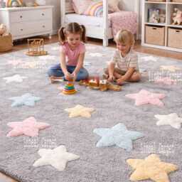 Hand Tufted Kids Star Rug, Grey Nursery Area Pastel Stars - thumbnail 4