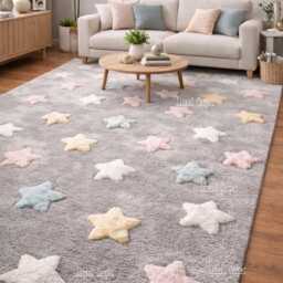 Hand Tufted Kids Star Rug, Grey Nursery Area Pastel Stars - thumbnail 2