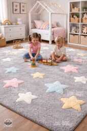 Hand Tufted Kids Star Rug, Grey Nursery Area Pastel Stars