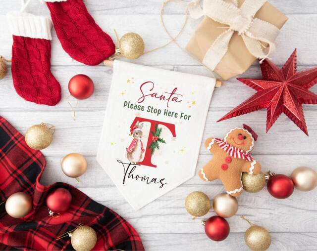 Personalised Santa Stop Here, Linen Flag - Children's Xmas Wall Sign Christmas Decor Door Hanger Eve Box Gift Kids Peter Rabbit - image 1