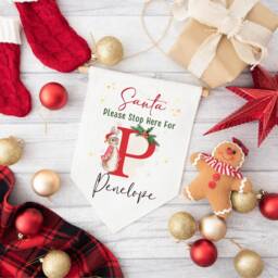 Personalised Santa Stop Here, Linen Flag - Children's Xmas Wall Sign Christmas Decor Door Hanger Eve Box Gift Kids Peter Rabbit - thumbnail 2
