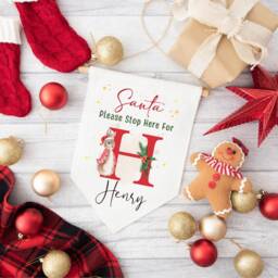 Personalised Santa Stop Here, Linen Flag - Children's Xmas Wall Sign Christmas Decor Door Hanger Eve Box Gift Kids Peter Rabbit - thumbnail 3