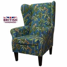 Teal Monkey High Back Armchair - Tropical Botanical Jungle Wing Chair Handmade in Britain - thumbnail 1