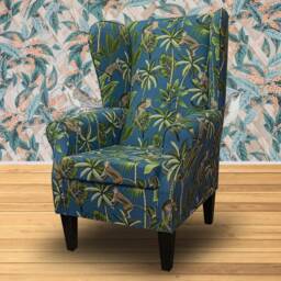 Teal Monkey High Back Armchair - Tropical Botanical Jungle Wing Chair Handmade in Britain - thumbnail 3