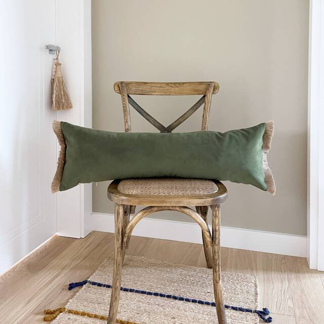 Smoky Green Velvet Lumbar Pillow Cover Oversized Jute Fringe Cushion - image 1