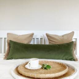 Smoky Green Velvet Lumbar Pillow Cover Oversized Jute Fringe Cushion - thumbnail 2