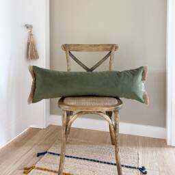 Smoky Green Velvet Lumbar Pillow Cover Oversized Jute Fringe Cushion - thumbnail 1