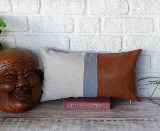 Color Block Lumbar Pillow Cover Cognac Faux Leather, Linen, Light Blue - image 1