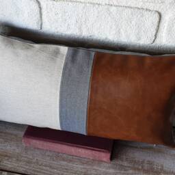 Color Block Lumbar Pillow Cover Cognac Faux Leather, Linen, Light Blue - thumbnail 3