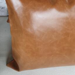 Color Block Lumbar Pillow Cover Cognac Faux Leather, Linen, Light Blue - thumbnail 4