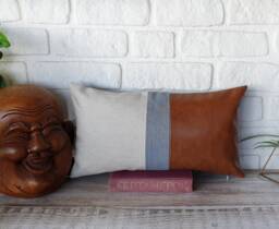 Color Block Lumbar Pillow Cover Cognac Faux Leather, Linen, Light Blue
