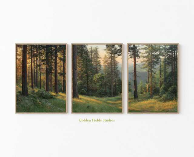 Forest Landscape Art Print Set Woodland Painting, Rustic Cabin Decor - image 1