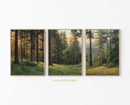 Forest Landscape Art Print Set Woodland Painting, Rustic Cabin Decor - thumbnail 1