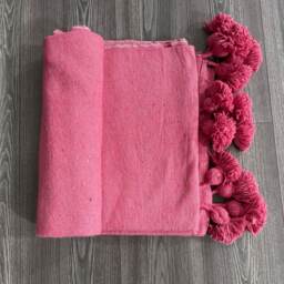 Handmade Rose-Pink Cotton Blanket, Moroccan Tassels, Soft Bed Cover - thumbnail 3