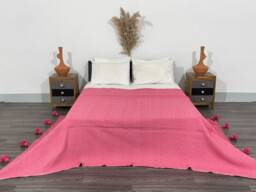 Handmade Rose-Pink Cotton Blanket, Moroccan Tassels, Soft Bed Cover - thumbnail 1