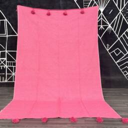 Handmade Rose-Pink Cotton Blanket, Moroccan Tassels, Soft Bed Cover - thumbnail 2