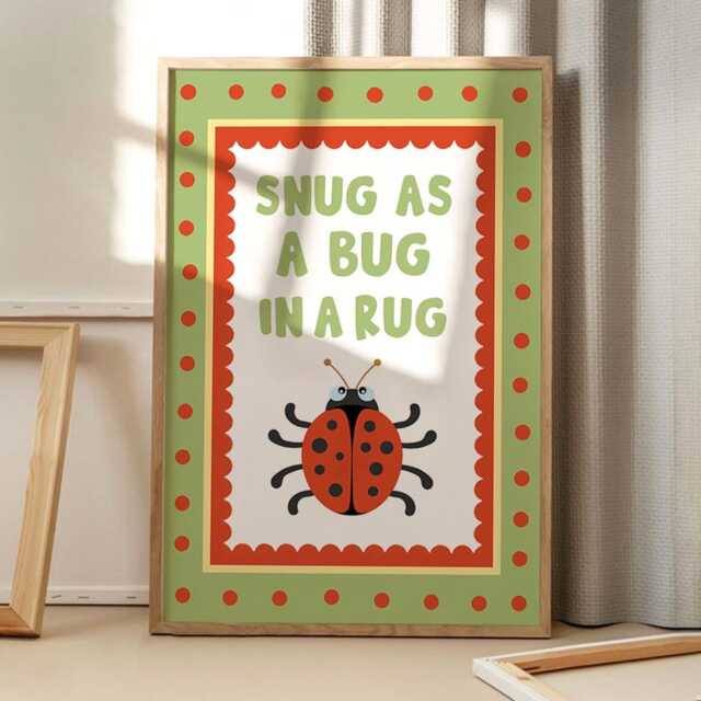 Snug As A Bug in Rug Art Canvas Poster, Cartoon Wall Art, Funny Aesthetic Decor, Retro Home Printed Gift