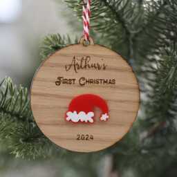 Personalised Baby's First Christmas Ornament Engraved Oak Wood Bauble - thumbnail 2