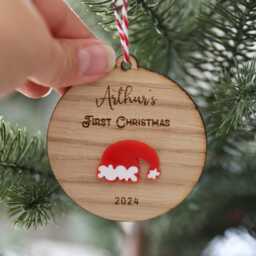 Personalised Baby's First Christmas Ornament Engraved Oak Wood Bauble - thumbnail 4