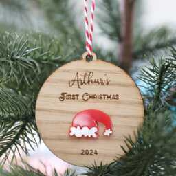 Personalised Baby's First Christmas Ornament Engraved Oak Wood Bauble - thumbnail 3