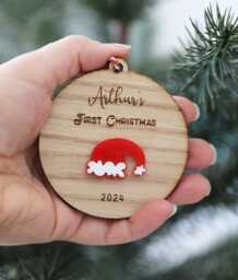Personalised Baby's First Christmas Ornament Engraved Oak Wood Bauble - thumbnail 1