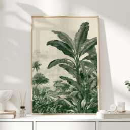 Vintage Banana Leaf Toile Print, Green Botanical Wall Art, Tropical Landscape Illustration Poster, Classic Palm Jungle Decor - thumbnail 1