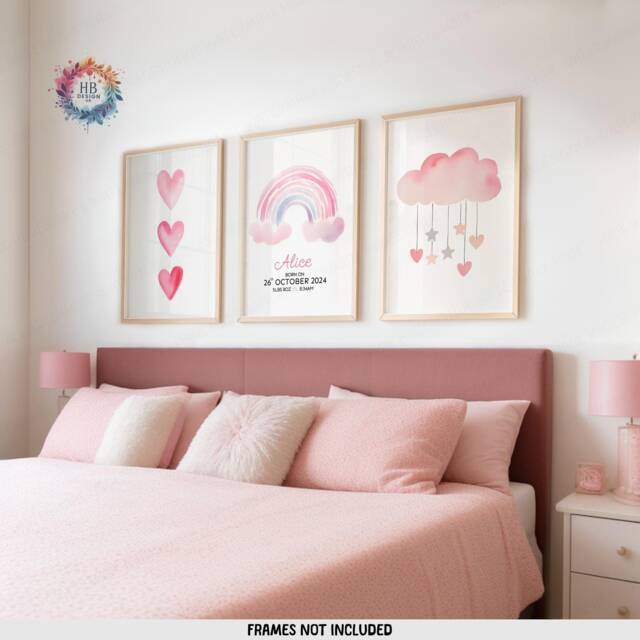 Girls Pink Bedroom Prints, Rainbow Set Of 3 - Baby Girl Room Decor Personalised Wall Art Heart Toddler Playroom Picture - image 1