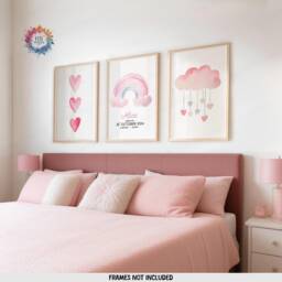 Girls Pink Bedroom Prints, Rainbow Set Of 3 - Baby Girl Room Decor Personalised Wall Art Heart Toddler Playroom Picture - thumbnail 1