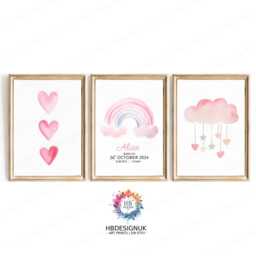 Girls Pink Bedroom Prints, Rainbow Set Of 3 - Baby Girl Room Decor Personalised Wall Art Heart Toddler Playroom Picture - thumbnail 2