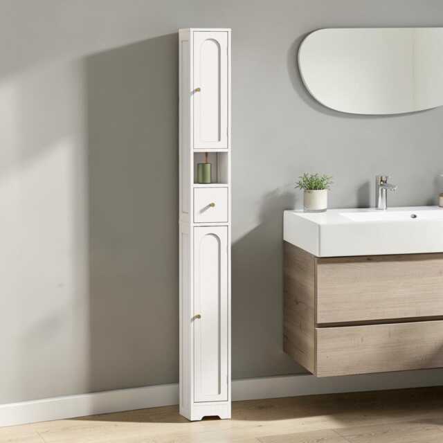 Tall Slim White Storage Cabinet Freestanding Bathroom Organizer With Drawer, Shelf - image 1