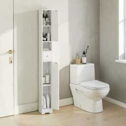 Tall Slim White Storage Cabinet Freestanding Bathroom Organizer With Drawer, Shelf - thumbnail 3