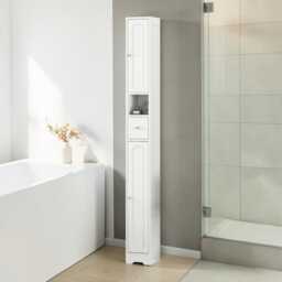 Tall Slim White Storage Cabinet Freestanding Bathroom Organizer With Drawer, Shelf - thumbnail 2