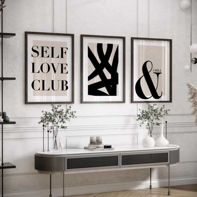 Neutral Abstract Art Prints, Modern Art, Self Love Club, & Chill, Wall , Set Of 3 A4, A3 A3+ A2 A1 Sizes, Fast Delivery - image 1