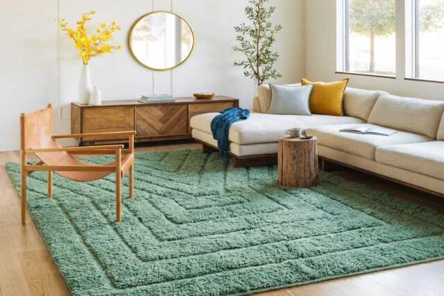 Green Geometric Shag Rug, Large Area Rugs, Moroccan Berber Hand Tufted Wool Carpet, Modern Boho Decor - image 1