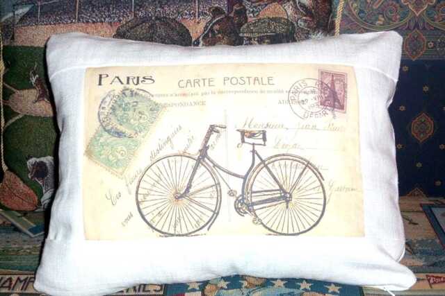 Decorative Paris Pillow Covers, Vintage French Post Card With Bike - image 1
