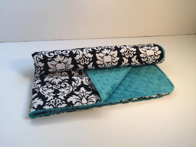 Damask Print Baby Blanket - Turquoise Minky Dot, Soft Cuddle - image 1
