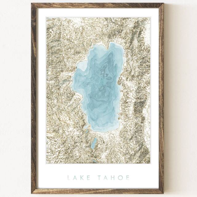 Lake Tahoe California Nevada Hand Painted Topographic Watercolor Map - Art Print Trail Hiker Graduation Wedding Wall - image 1