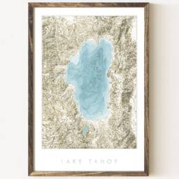 Lake Tahoe California Nevada Hand Painted Topographic Watercolor Map - Art Print Trail Hiker Graduation Wedding Wall - thumbnail 1