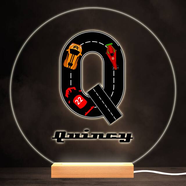 Road Racing Cars Letter Q Colourful Round Personalised Gift Led Lamp Night Light - Bedroom - image 1