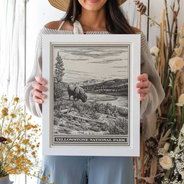 Yellowstone National Park Buffalo Lithograph Style Print - Vintage Wyoming Poster Design, Archival Matte Fine Art Print, Western Ranch Gift - image 1
