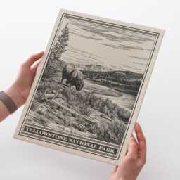 Yellowstone National Park Buffalo Lithograph Style Print - Vintage Wyoming Poster Design, Archival Matte Fine Art Print, Western Ranch Gift - thumbnail 2