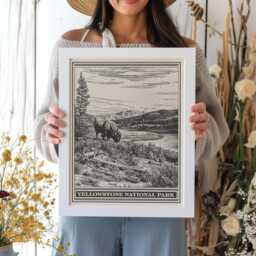 Yellowstone National Park Buffalo Lithograph Style Print - Vintage Wyoming Poster Design, Archival Matte Fine Art Print, Western Ranch Gift - thumbnail 1