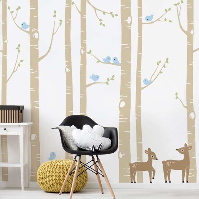 Birch Tree Wall Decal Forest With Deer & Birds, Nursery Decor - image 1
