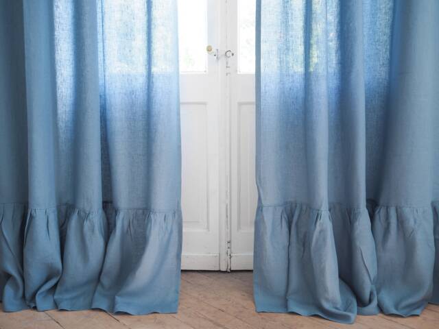 Bohemian Curtain Panel Made Of Medium Linen - 160 G/M2. Dusty Blue Color - 1 Pcs - image 1