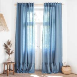 Bohemian Curtain Panel Made Of Medium Linen - 160 G/M2. Dusty Blue Color - 1 Pcs - thumbnail 3