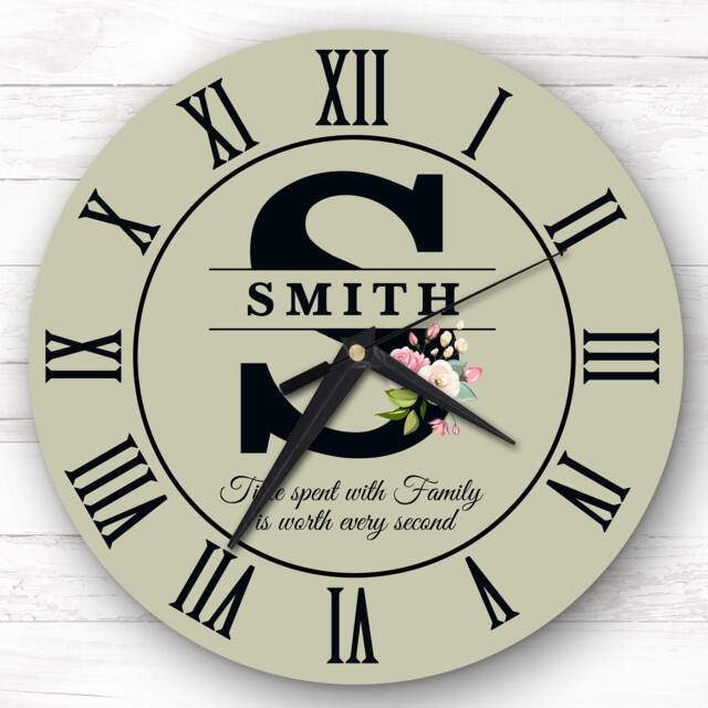 Sage Green Floral Family Name Any Initial Personalised Gift Clock - image 1