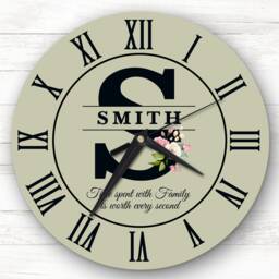 Sage Green Floral Family Name Any Initial Personalised Gift Clock - thumbnail 1
