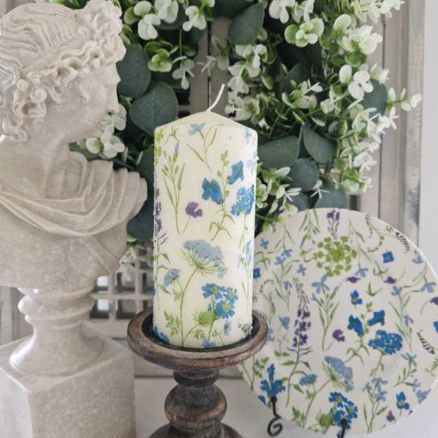 Beautiful Blue Floral Wax Or Flameless Pillar Candles - image 1