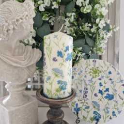 Beautiful Blue Floral Wax Or Flameless Pillar Candles